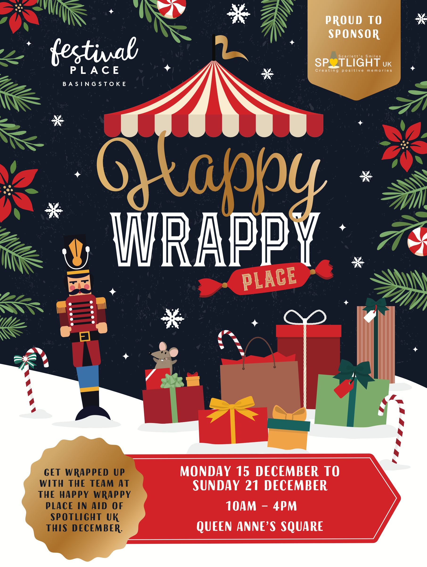 Get wrapped up with the team at the Happy Wrappy Place in aid of Spotlight UK this December. Monday 15 December to Sunday 21 December 10am – 4pm at Queen Anne’s Square